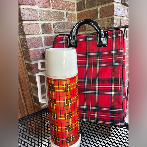 Vintage Red Plaid THERMOS Travel Picnic Set Canvas Bag King Seeley 1973 70's - Picture 6 of 16